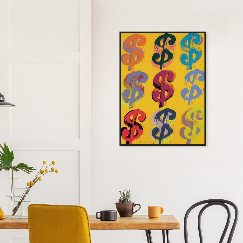 Andy Warhol framed print depicting the repeated or isolated currency mark operates like a logo: simple, recognizable and assertive
