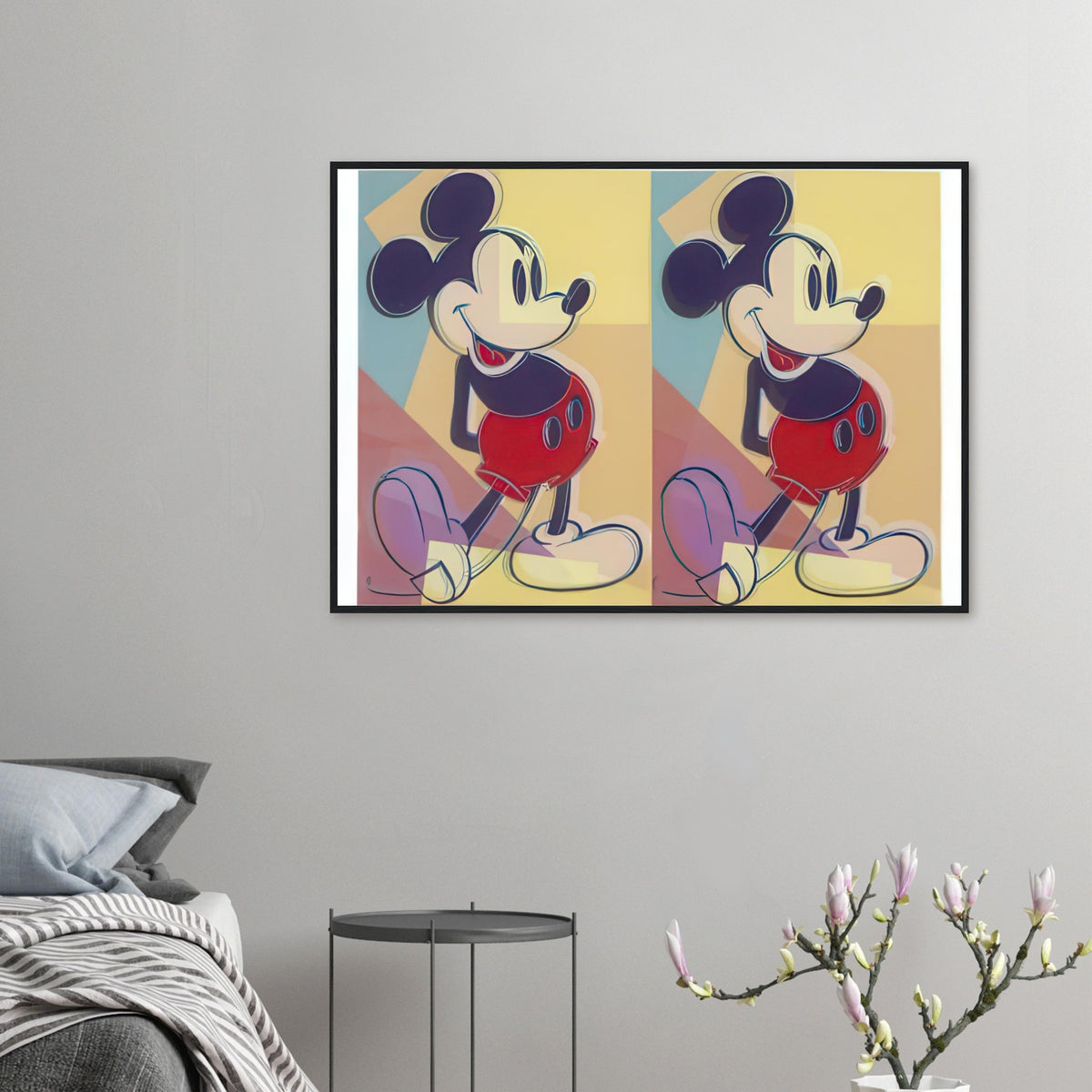 Andy Warhol framed print depicting paired versions of Disney’s recognizable cartoon character, a detail that connects the composition to its broader artistic subject