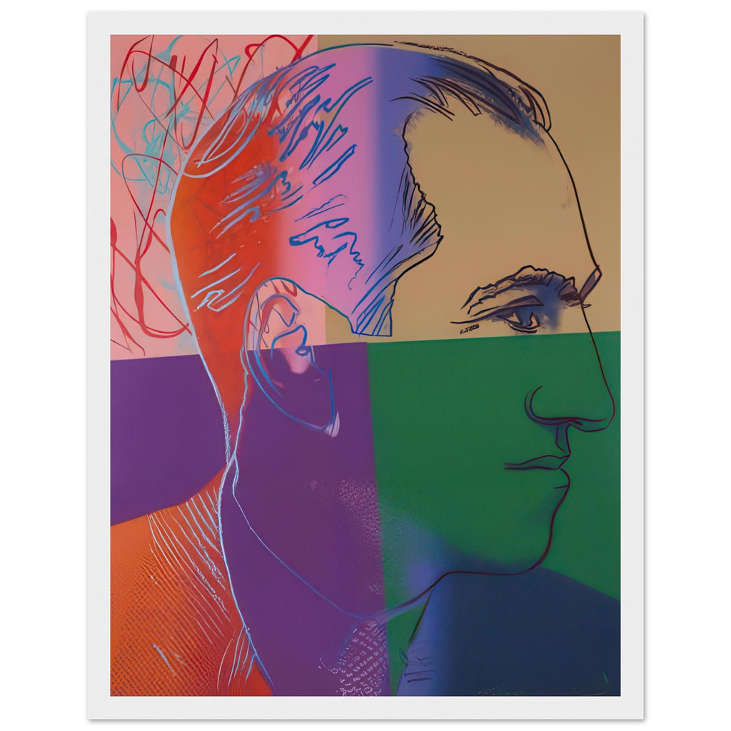Andy Warhol framed print depicting the image centers on a distinctive likeness rather than narrative scenery; line and simplified contrast make the person the focus, white frame, 27x35 cm / 11x14″