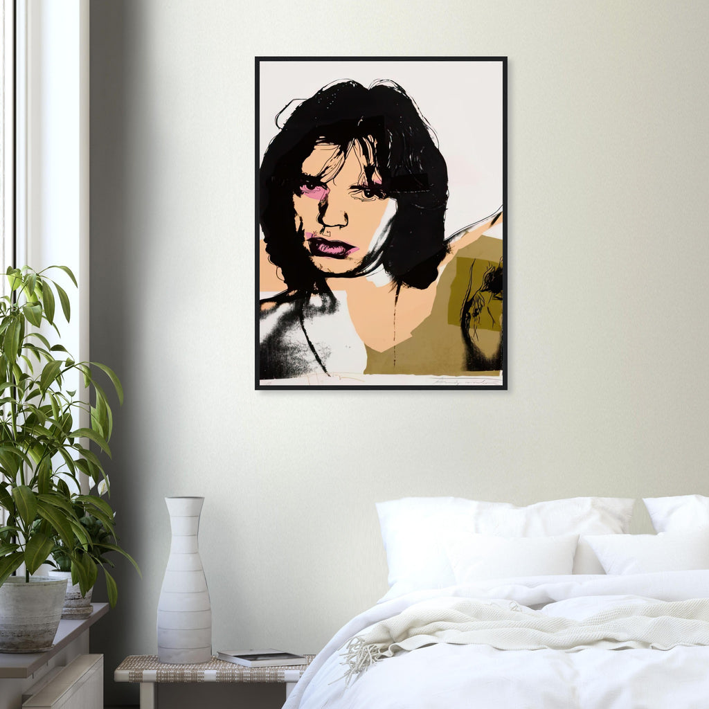 Andy Warhol framed print depicting warhol limits photographic detail and redraws facial features, giving Jagger’s lips a particularly vivid pink accent; Warhol’s ten Mick Jagger portraits followed a long friendship with the Rolling Stones singer, including