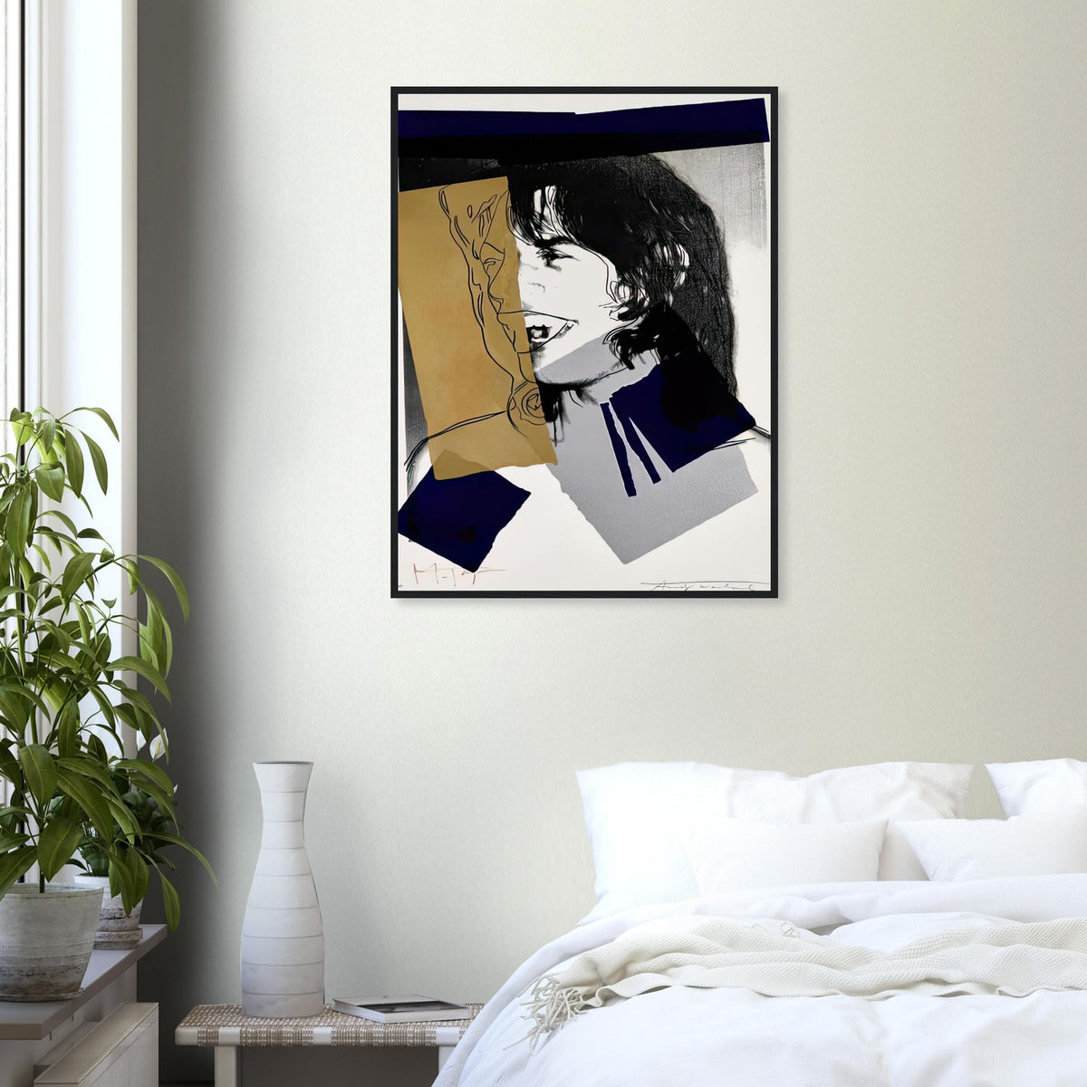 Andy Warhol framed print depicting photographic tones are interrupted by hand-drawn contours, selective colour blocks and cropped facial and bodily details; Warhol’s ten Mick Jagger portraits followed a long friendship with the Rolling Stones singer, including