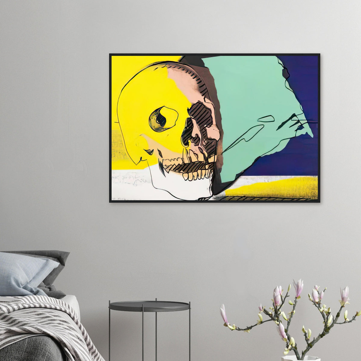 Andy Warhol framed print depicting the contours and shadow of a skull used as a direct, confronting focal point, a detail that connects the composition to its broader artistic subject