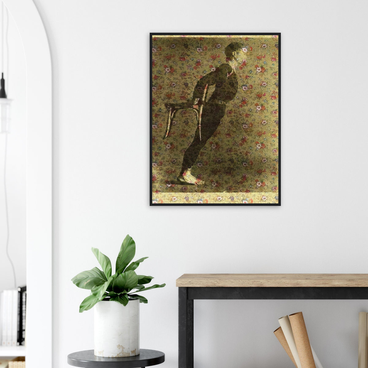 Andy Warhol framed print depicting the dancer leans at a pronounced angle near a chair; floral wrapping paper interrupts the expected studio background; Warhol’s Merce Cunningham I shows the American choreographer and dancer at the intersection of visual