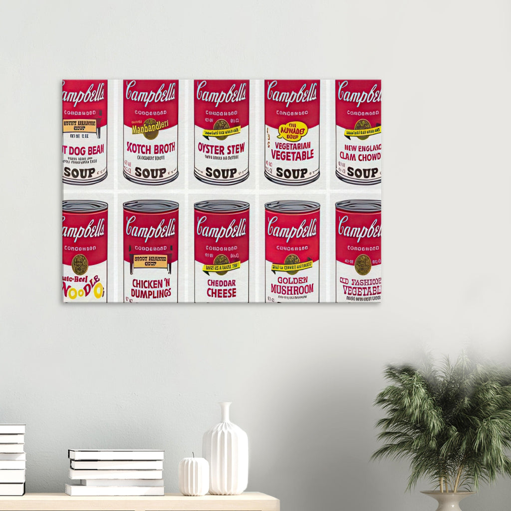 Andy Warhol canvas print depicting repeated supermarket soup packaging and familiar red-and-white labels, a detail that connects the composition to its broader artistic subject