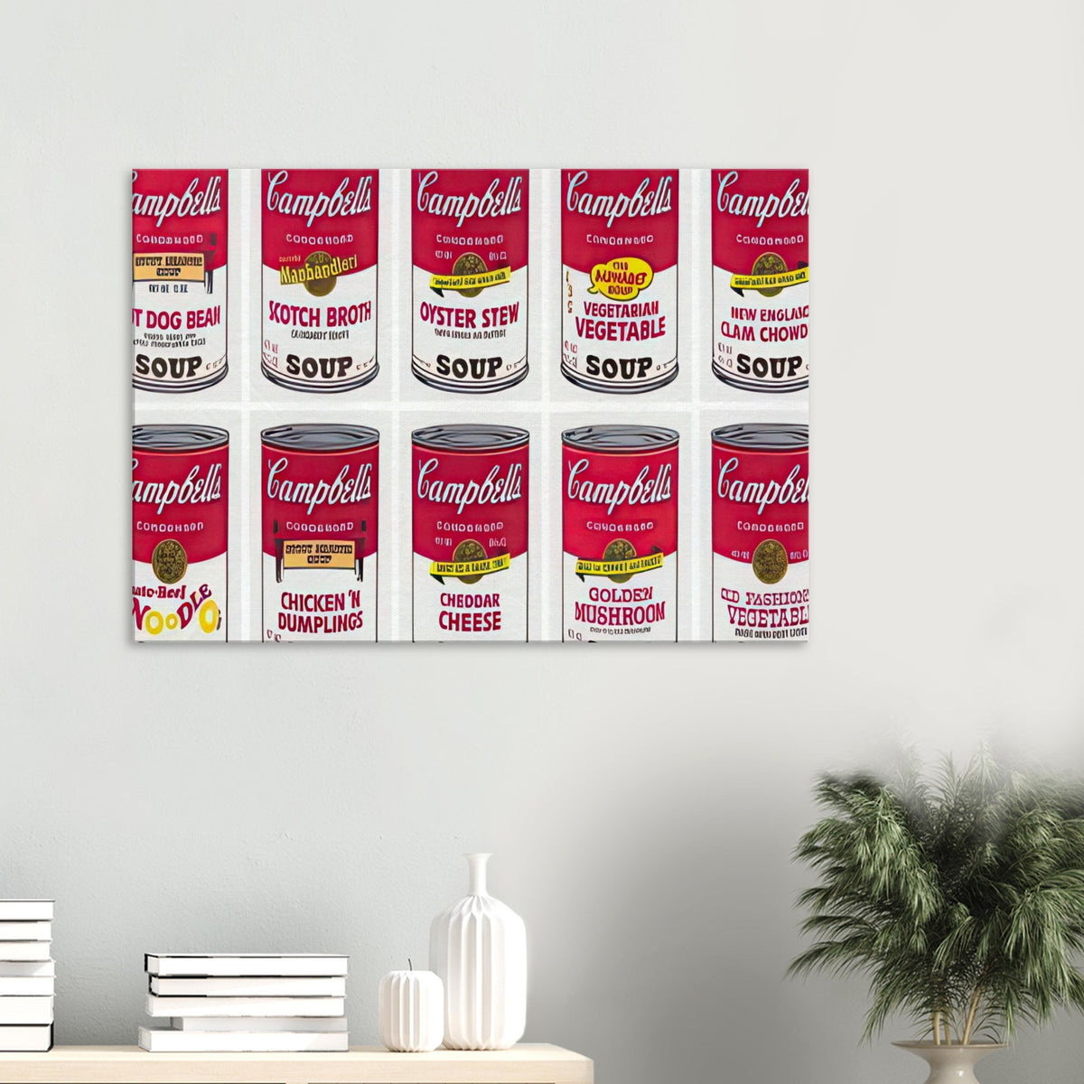 Andy Warhol canvas print depicting repeated supermarket soup packaging and familiar red-and-white labels, a detail that connects the composition to its broader artistic subject
