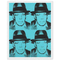 Andy Warhol framed print depicting a 2-by-2 arrangement repeats the felt-hatted face; black forms sit against cyan blue, producing a relatively restrained portrait; Warhol portrayed fellow artist Joseph Beuys after photographing him in 1979, white frame, 27x35 cm / 11x14″