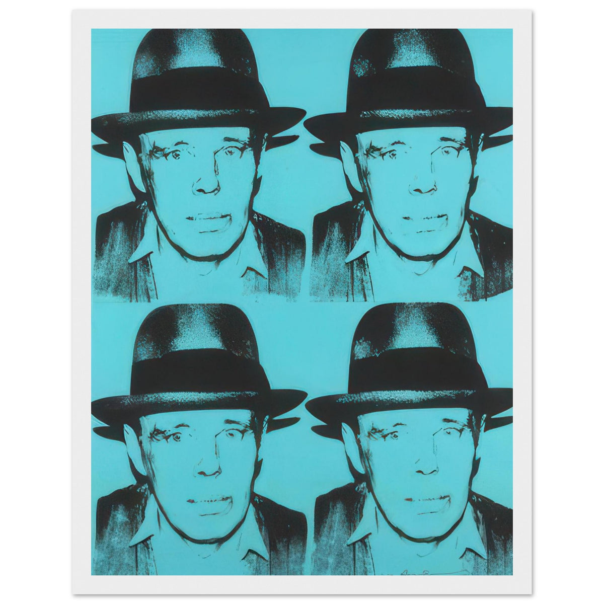 Andy Warhol framed print depicting a 2-by-2 arrangement repeats the felt-hatted face; black forms sit against cyan blue, producing a relatively restrained portrait; Warhol portrayed fellow artist Joseph Beuys after photographing him in 1979, white frame, 27x35 cm / 11x14″