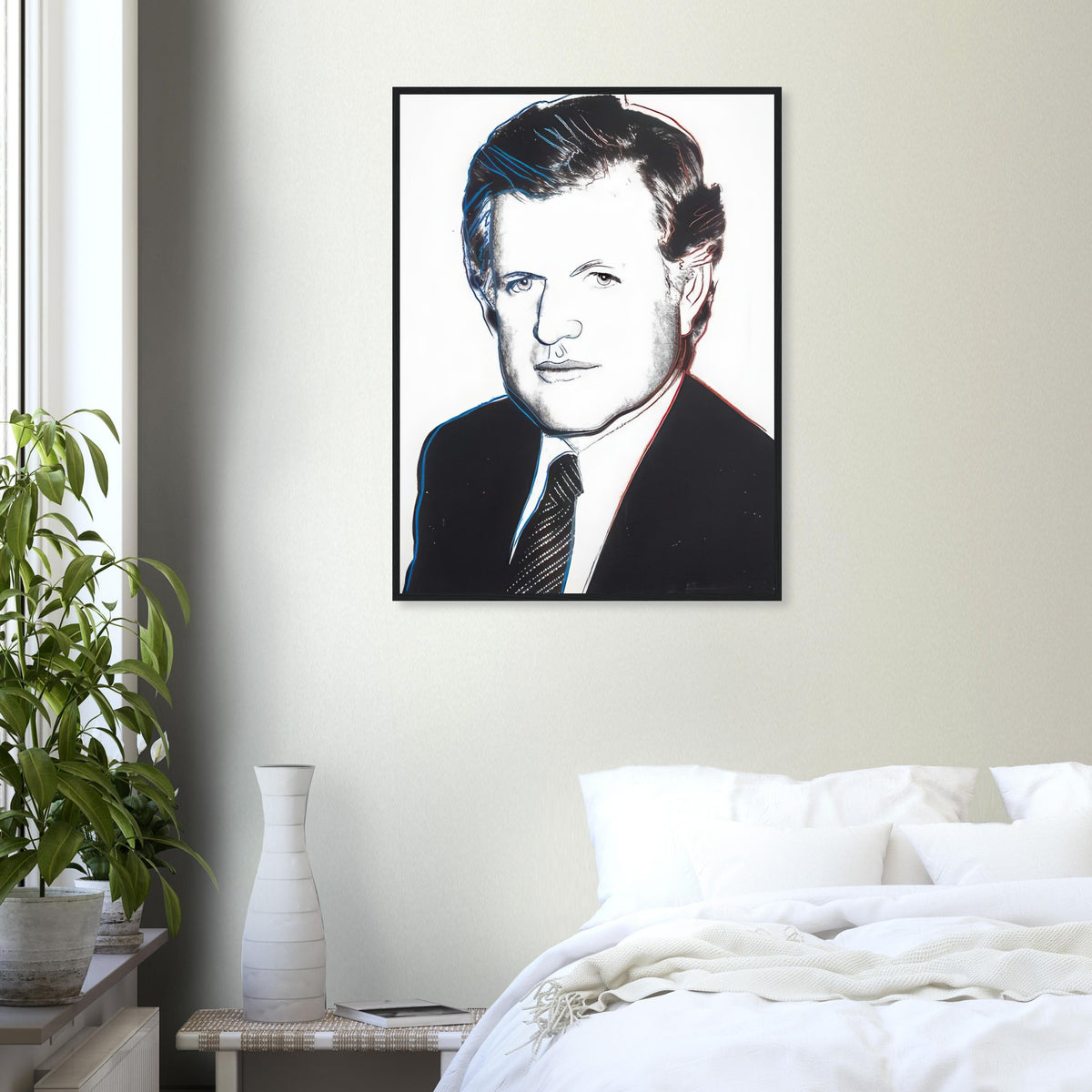Andy Warhol framed print depicting the sitter’s recognizable face directs attention toward public image, personality and the graphic simplification of photographic portraiture