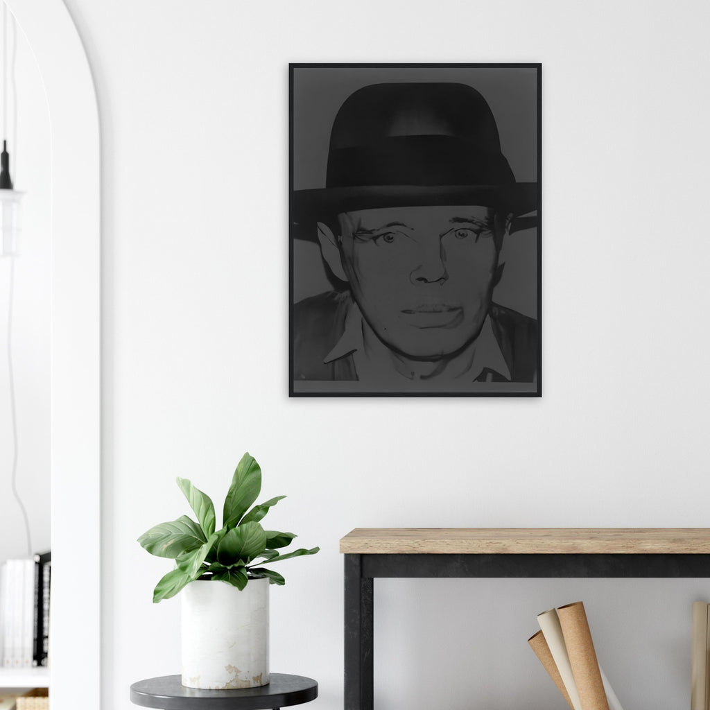 Andy Warhol framed print depicting beuys faces the viewer wearing his characteristic brimmed felt hat; Warhol portrayed fellow artist Joseph Beuys after photographing him in 1979
