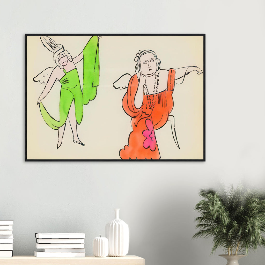Andy Warhol framed print depicting fantastical, decorative figures and storybook-like imagery, a detail that connects the composition to its broader artistic subject
