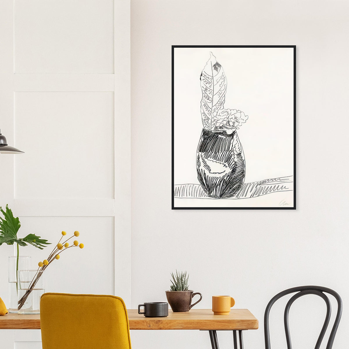 Andy Warhol framed print depicting the black-and-white treatment emphasizes shapes, texture and the structure of the flowers rather than bright color accents