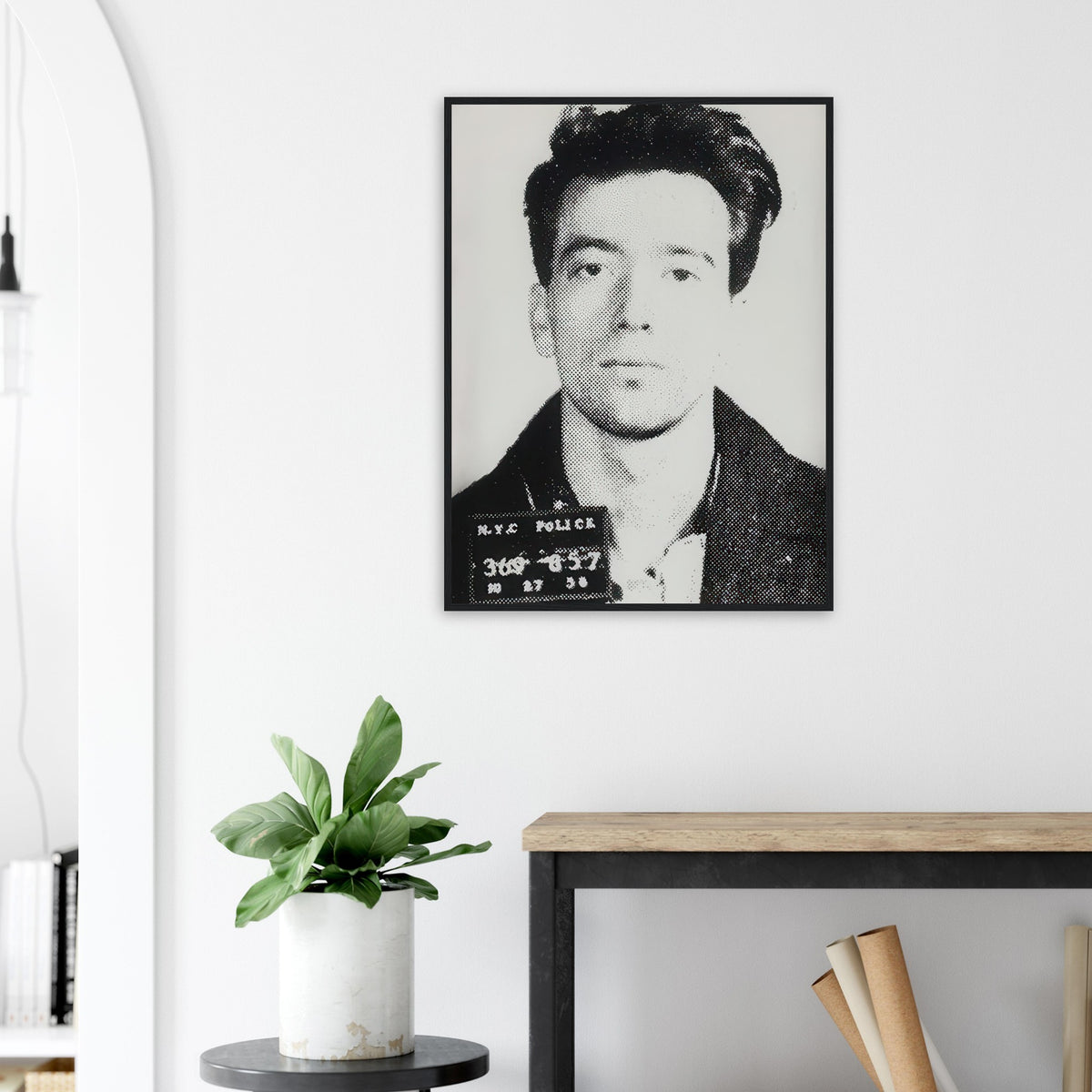 Andy Warhol framed print depicting an identification slate pinned to the young man’s jacket reveals the image as a mugshot rather than a glamorous portrait; John Joseph H No