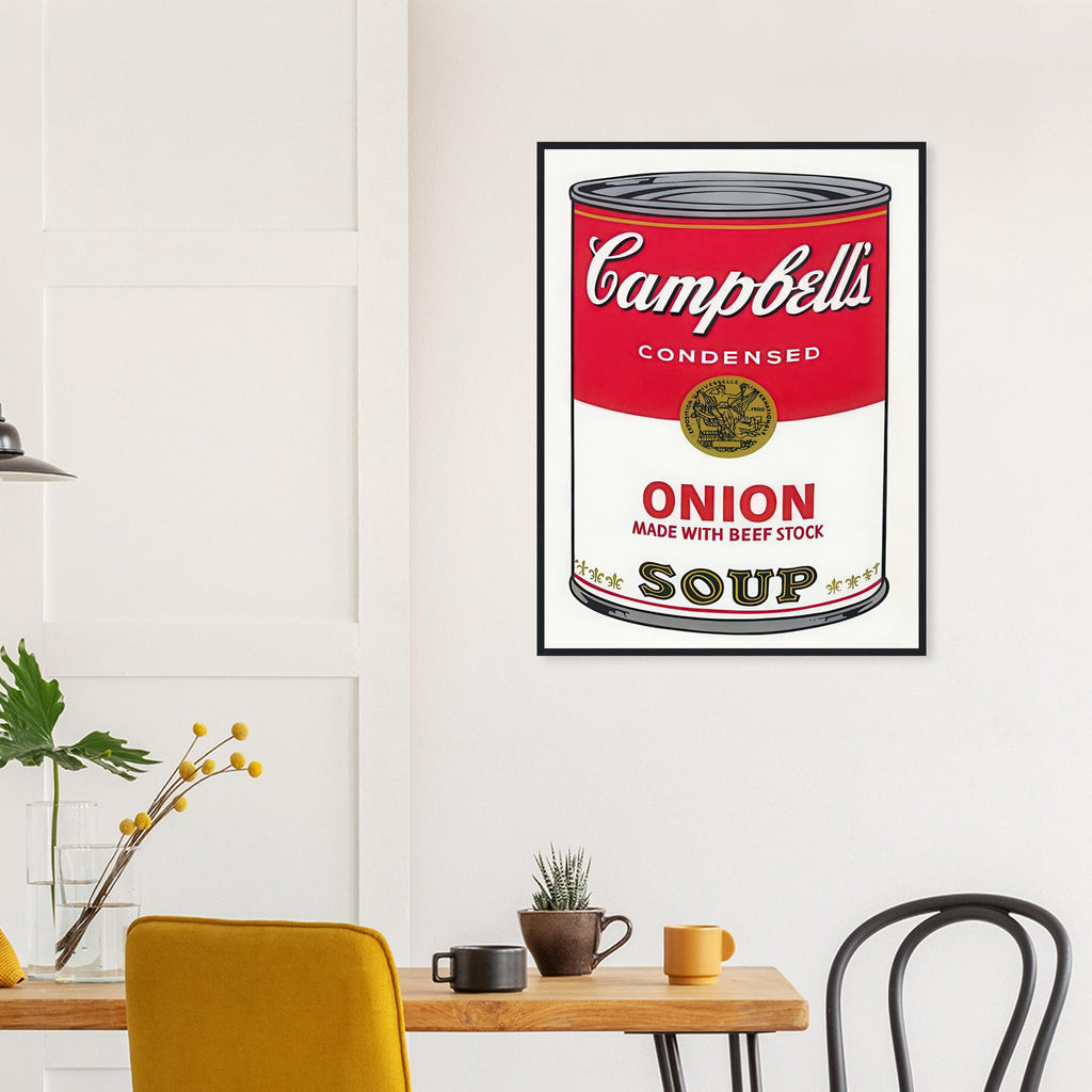 Andy Warhol framed print depicting the instantly legible soup-can silhouette, packaging lettering and product name create a highly recognizable commercial composition