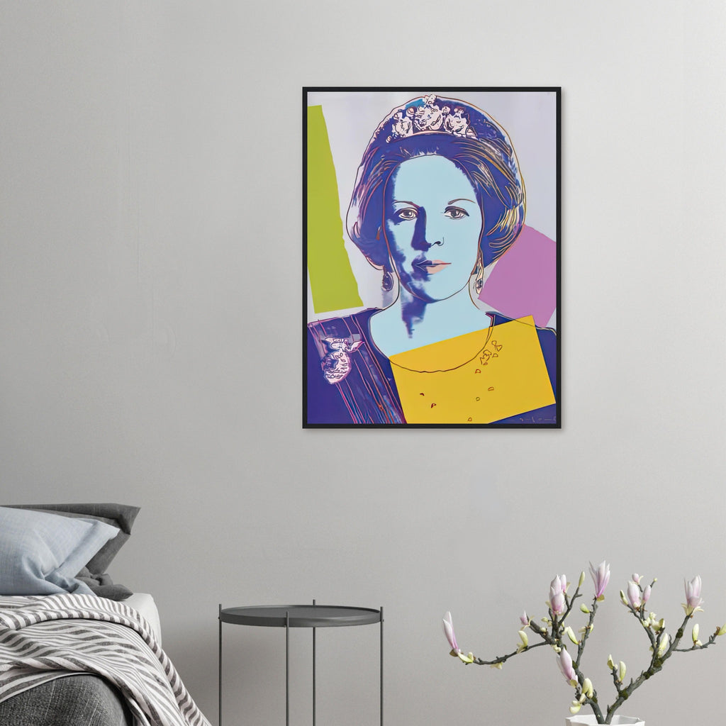 Andy Warhol framed print depicting this work depicts Queen Beatrix of the Netherlands; The Reigning Queens portfolio presented four women who held ruling power in their own right: Elizabeth