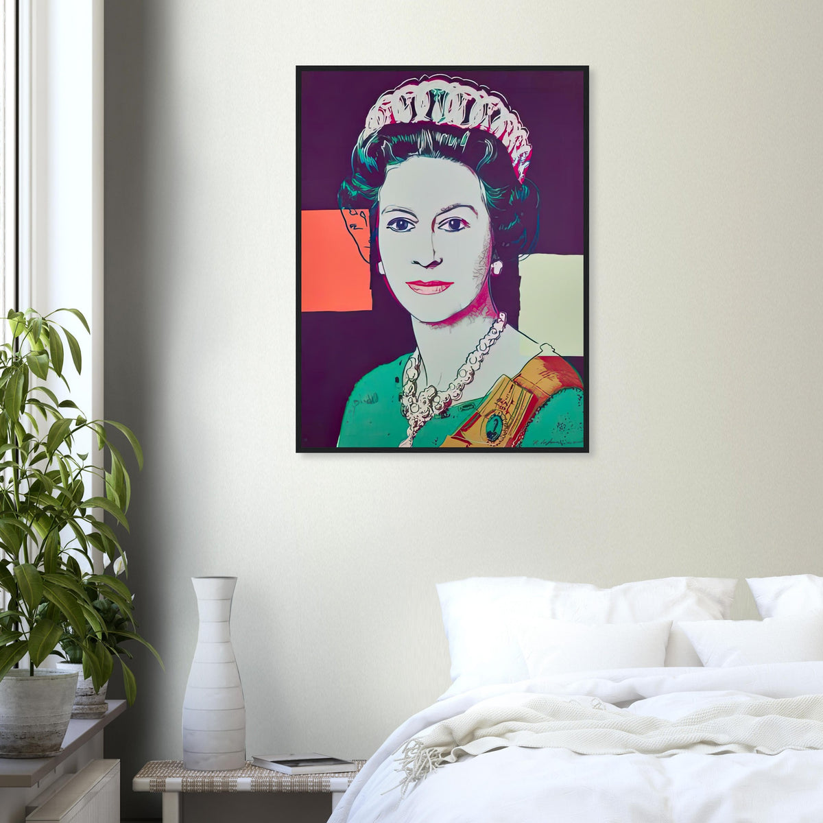 Andy Warhol framed print depicting this work depicts Queen Elizabeth II of the United Kingdom; The Reigning Queens portfolio presented four women who held ruling power in their own right: Elizabeth