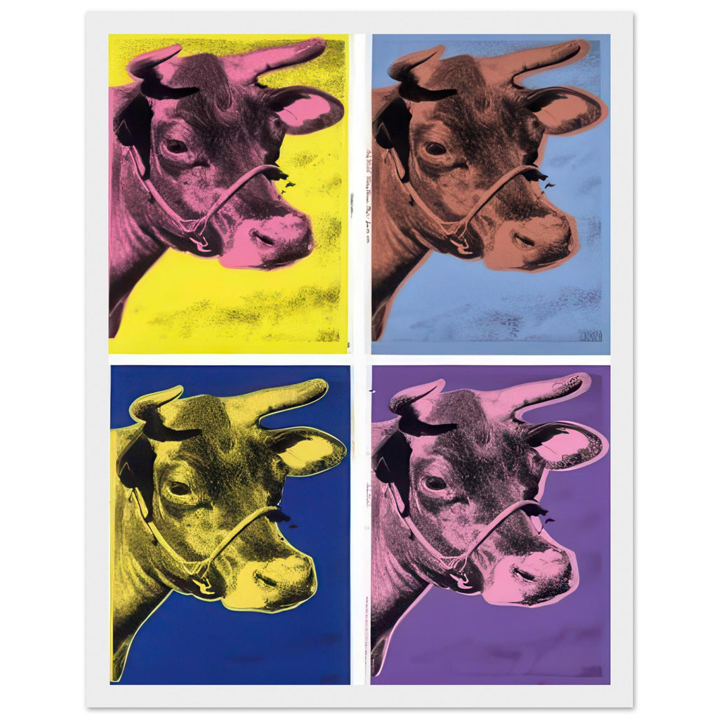 Andy Warhol framed print depicting the cow’s face becomes a bold graphic presence, replacing the gentle mood of traditional animal painting with irreverent visual impact, white frame, 27x35 cm / 11x14″