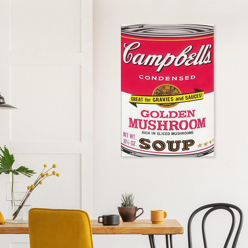 Andy Warhol canvas print depicting the instantly legible soup-can silhouette, packaging lettering and product name create a highly recognizable commercial composition