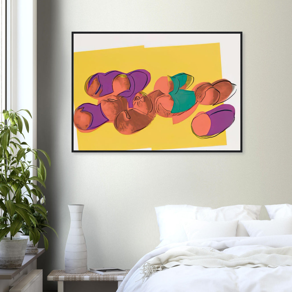 Andy Warhol framed print depicting rounded fruit forms, expressive edges and the recognizable shapes of peaches, a detail that connects the composition to its broader artistic subject