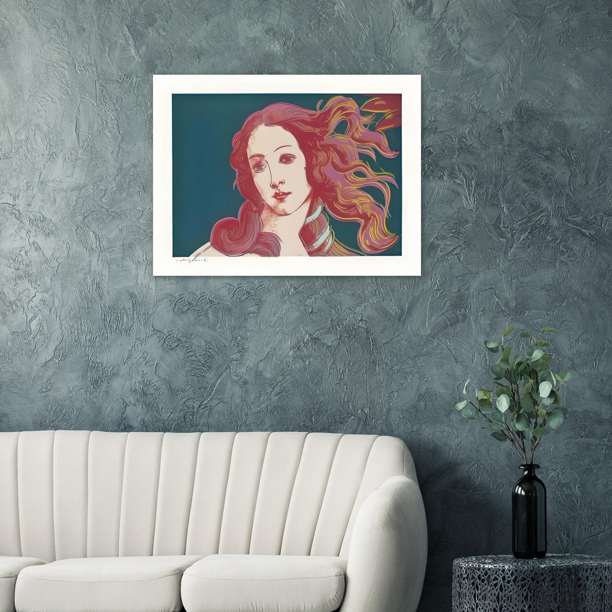 Andy Warhol poster depicting venus emerging from the sea in a detail from the Renaissance painting, a detail that connects the composition to its broader artistic subject