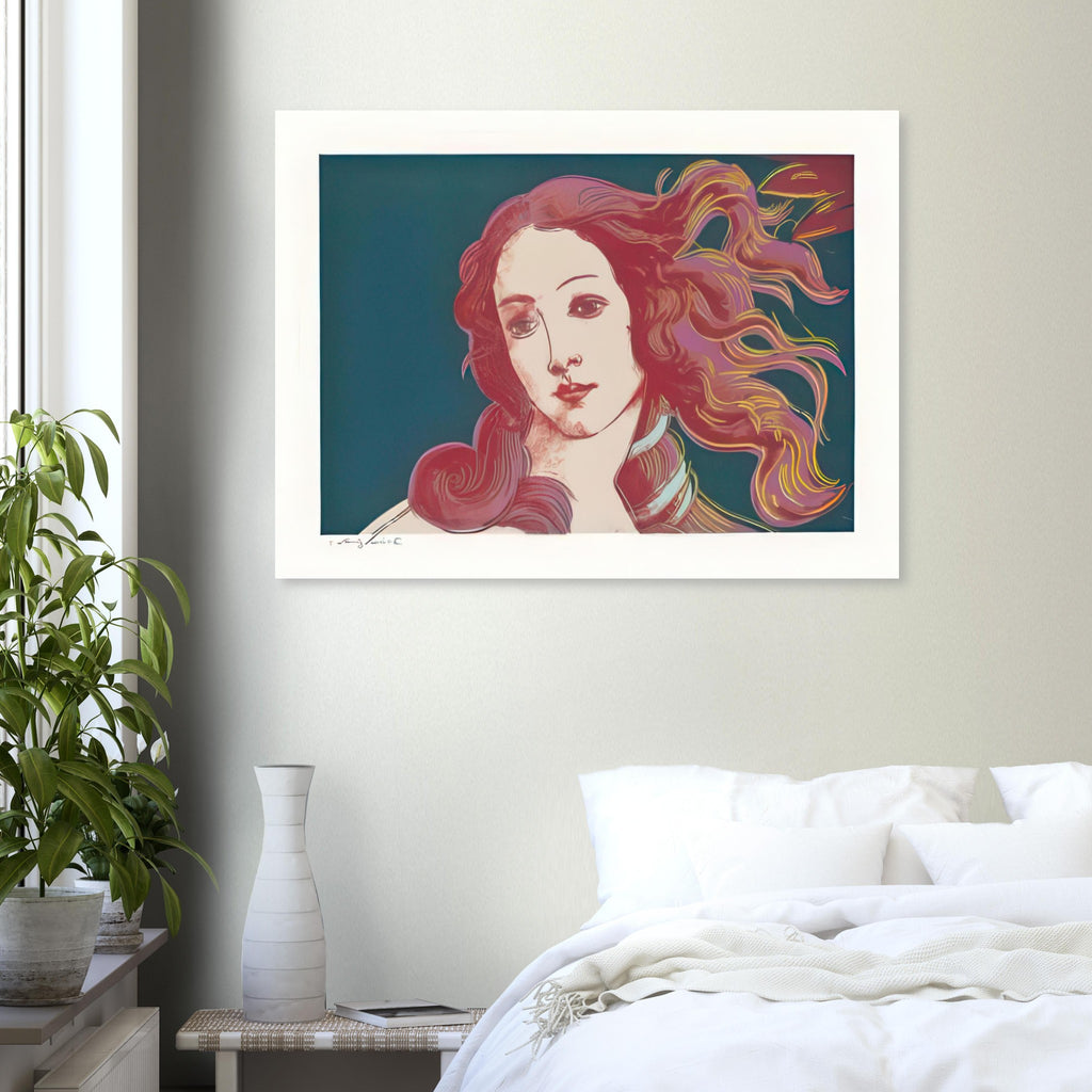 Andy Warhol poster depicting venus emerging from the sea in a detail from the Renaissance painting, a detail that connects the composition to its broader artistic subject