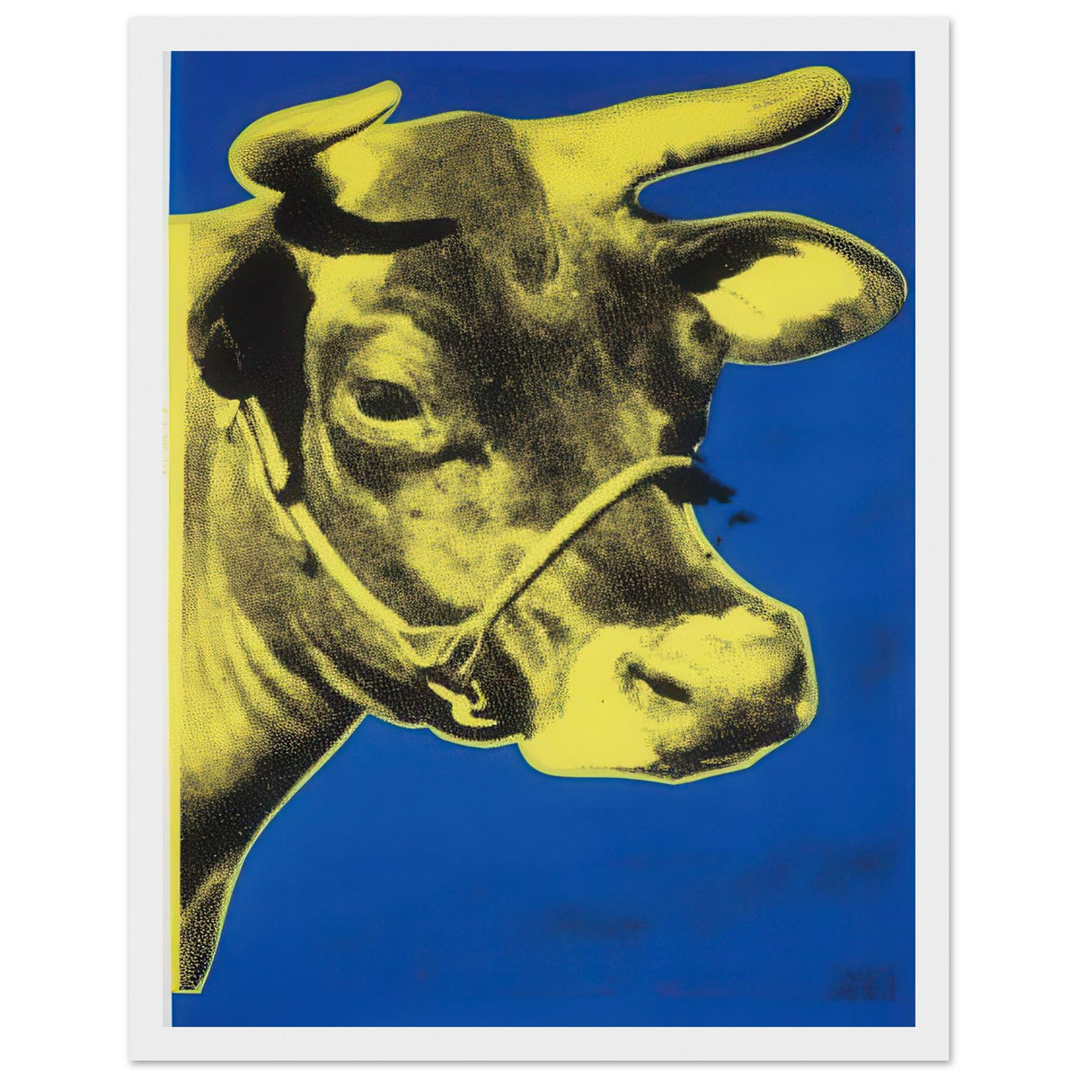 Andy Warhol framed print depicting the cow’s face becomes a bold graphic presence, replacing the gentle mood of traditional animal painting with irreverent visual impact, white frame, 27x35 cm / 11x14″