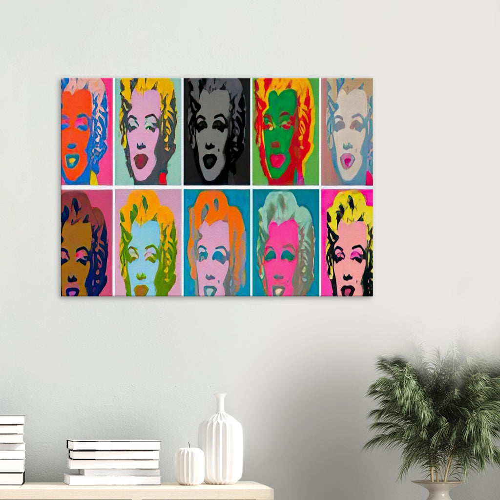 Andy Warhol canvas print depicting a sequence of Marilyn’s recognizable face presented through variations of color and repetition, a detail that connects the composition to its broader artistic