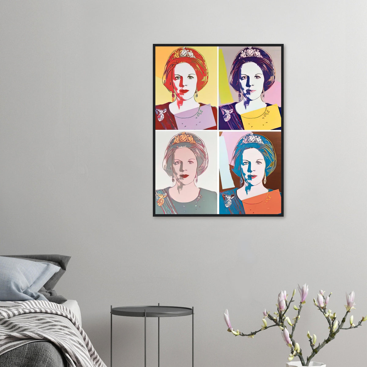 Andy Warhol framed print depicting this work depicts Queen Beatrix of the Netherlands; The Reigning Queens portfolio presented four women who held ruling power in their own right: Elizabeth