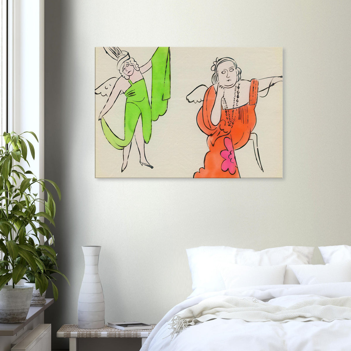 Andy Warhol canvas print depicting fantastical, decorative figures and storybook-like imagery, a detail that connects the composition to its broader artistic subject