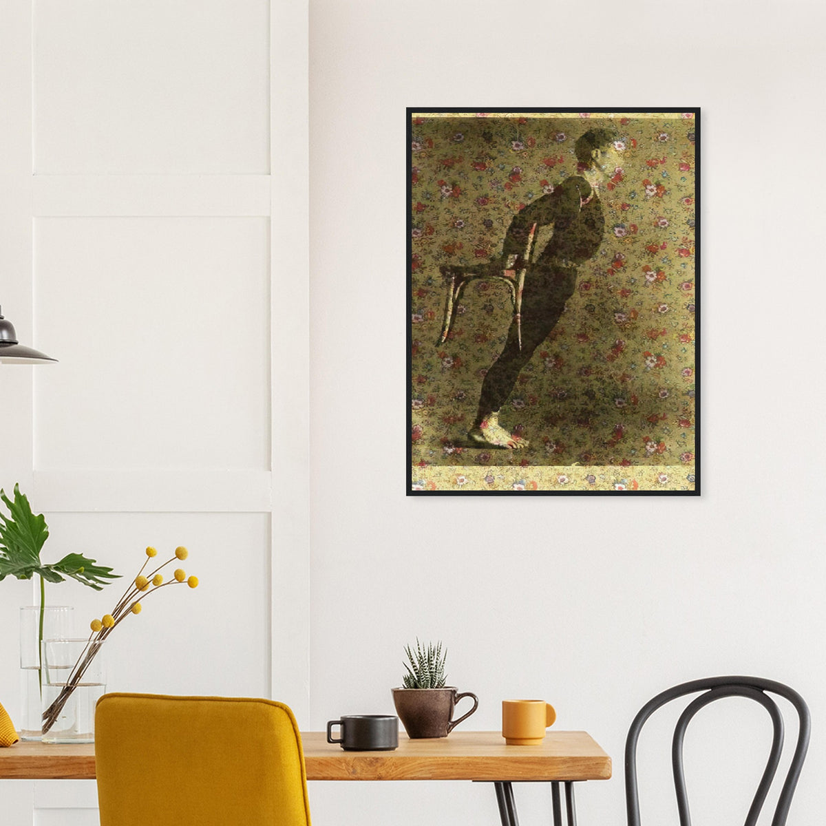 Andy Warhol framed print depicting the dancer leans at a pronounced angle near a chair; floral wrapping paper interrupts the expected studio background; Warhol’s Merce Cunningham I shows the American choreographer and dancer at the intersection of visual