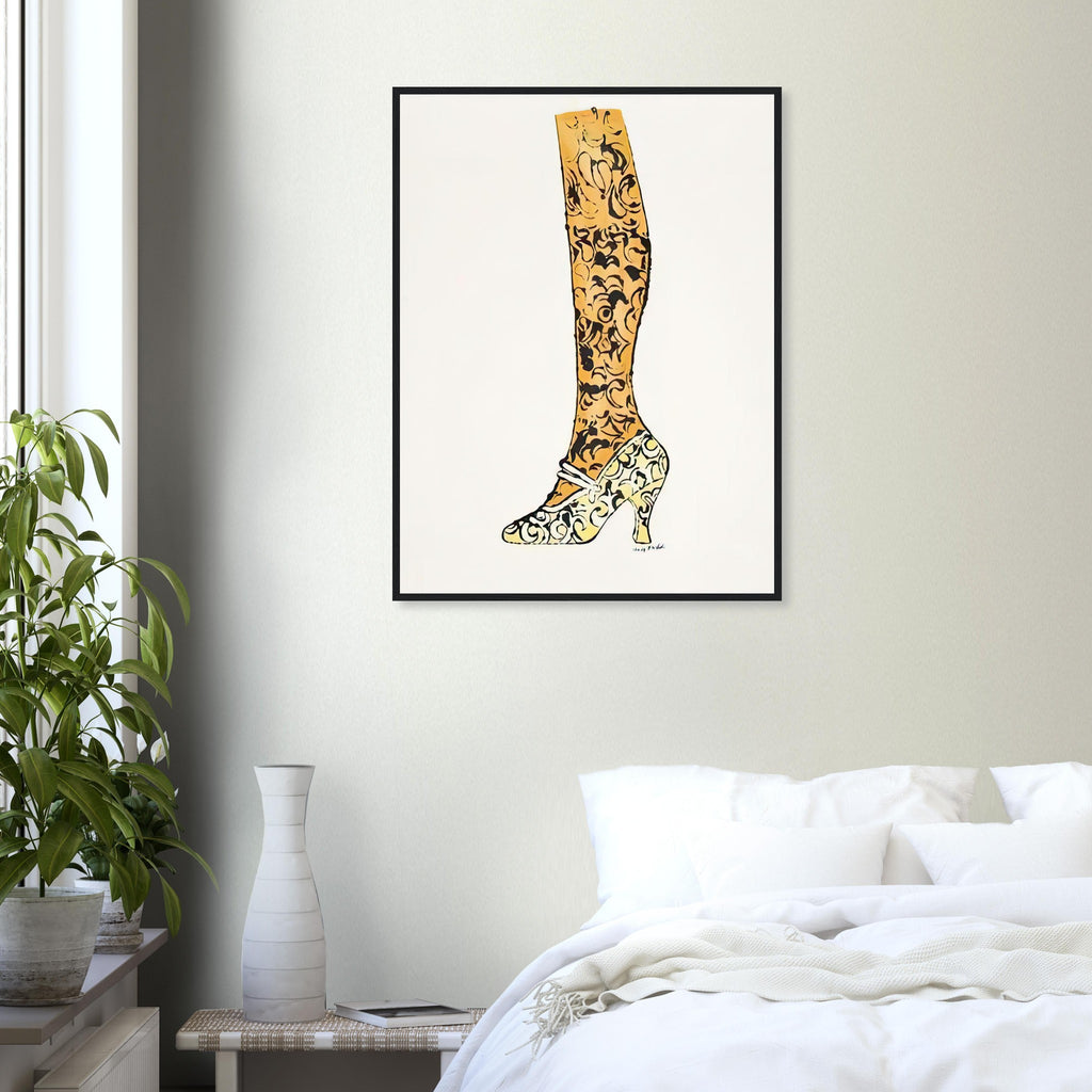 Andy Warhol framed print depicting a bright yellow high heel, golden-toned leg and black paisley decoration make an elegant fashion drawing feel witty and theatrical; Shoe and Leg comes from Warhol’s commercial-illustration era and the witty La Recherche du Shoe Perdu
