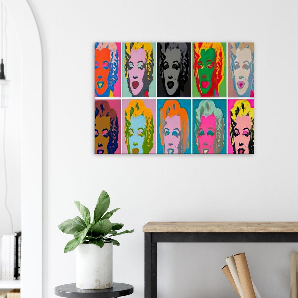 Andy Warhol canvas print depicting a sequence of Marilyn’s recognizable face presented through variations of color and repetition, a detail that connects the composition to its broader artistic