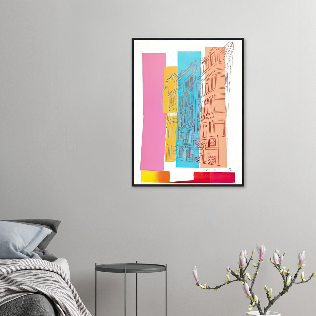Andy Warhol framed print depicting sketched high-rise buildings are crossed by pink, blue and orange colour fields in a collage-like street scene; Viewpoint belongs to Warhol’s later experiments with drawing and unconventional subjects