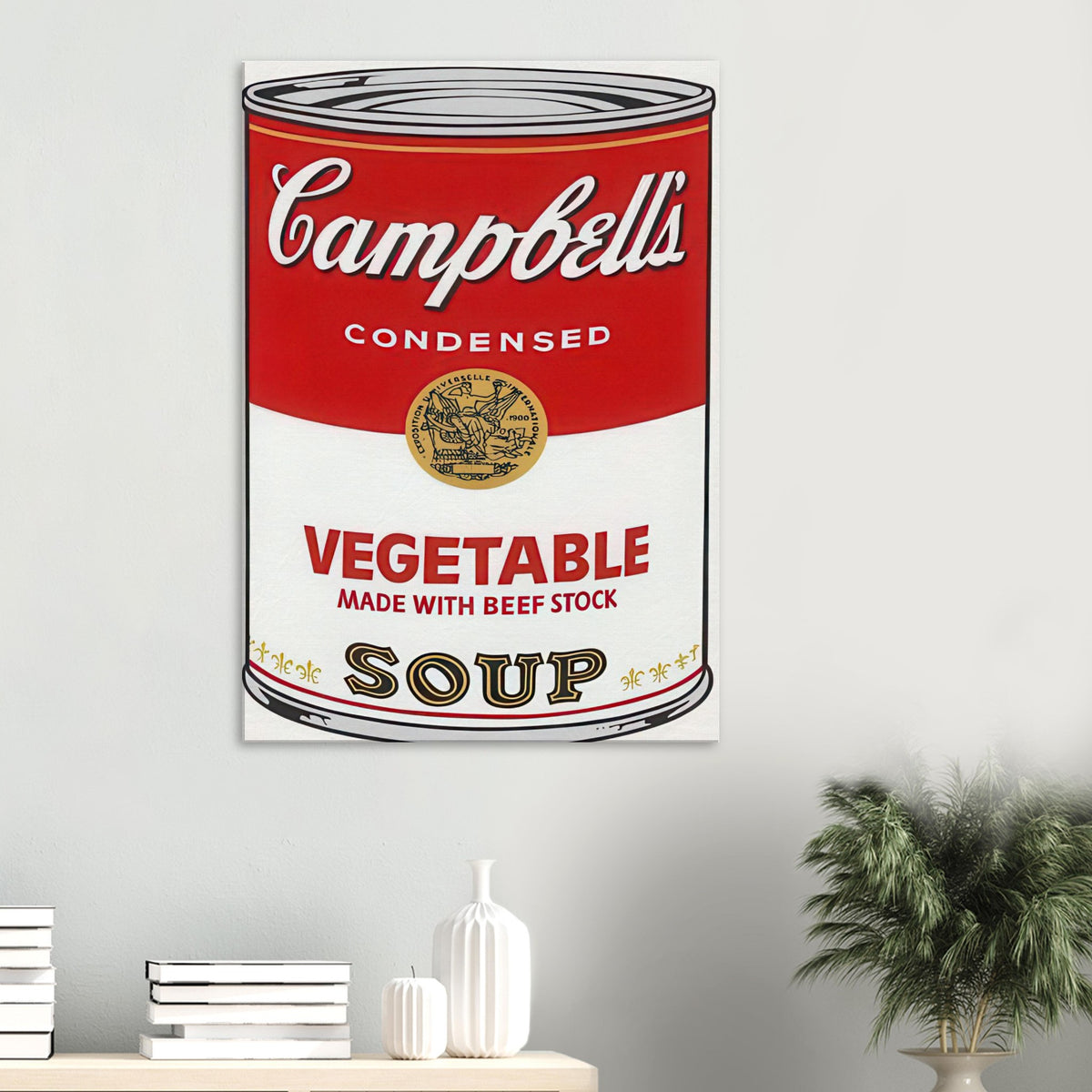 Andy Warhol canvas print depicting the instantly legible soup-can silhouette, packaging lettering and product name create a highly recognizable commercial composition