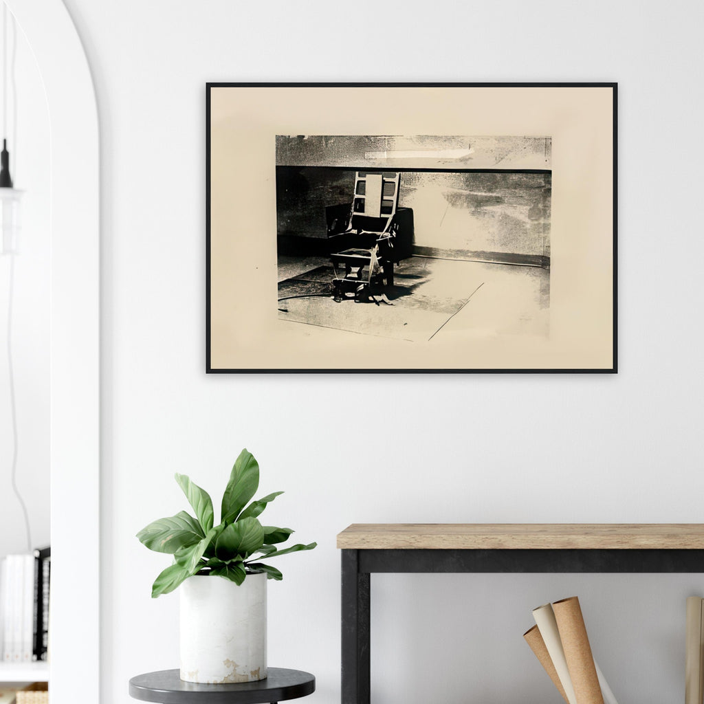 Andy Warhol framed print depicting the stark chair, its surroundings and the tense emptiness of the room, a detail that connects the composition to its broader artistic subject