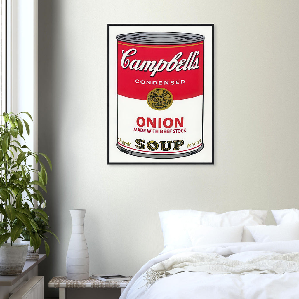 Andy Warhol framed print depicting the instantly legible soup-can silhouette, packaging lettering and product name create a highly recognizable commercial composition