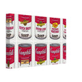 Andy Warhol canvas print depicting repeated supermarket soup packaging and familiar red-and-white labels, a detail that connects the composition to its broader artistic subject, 20x30 cm / 8x12″