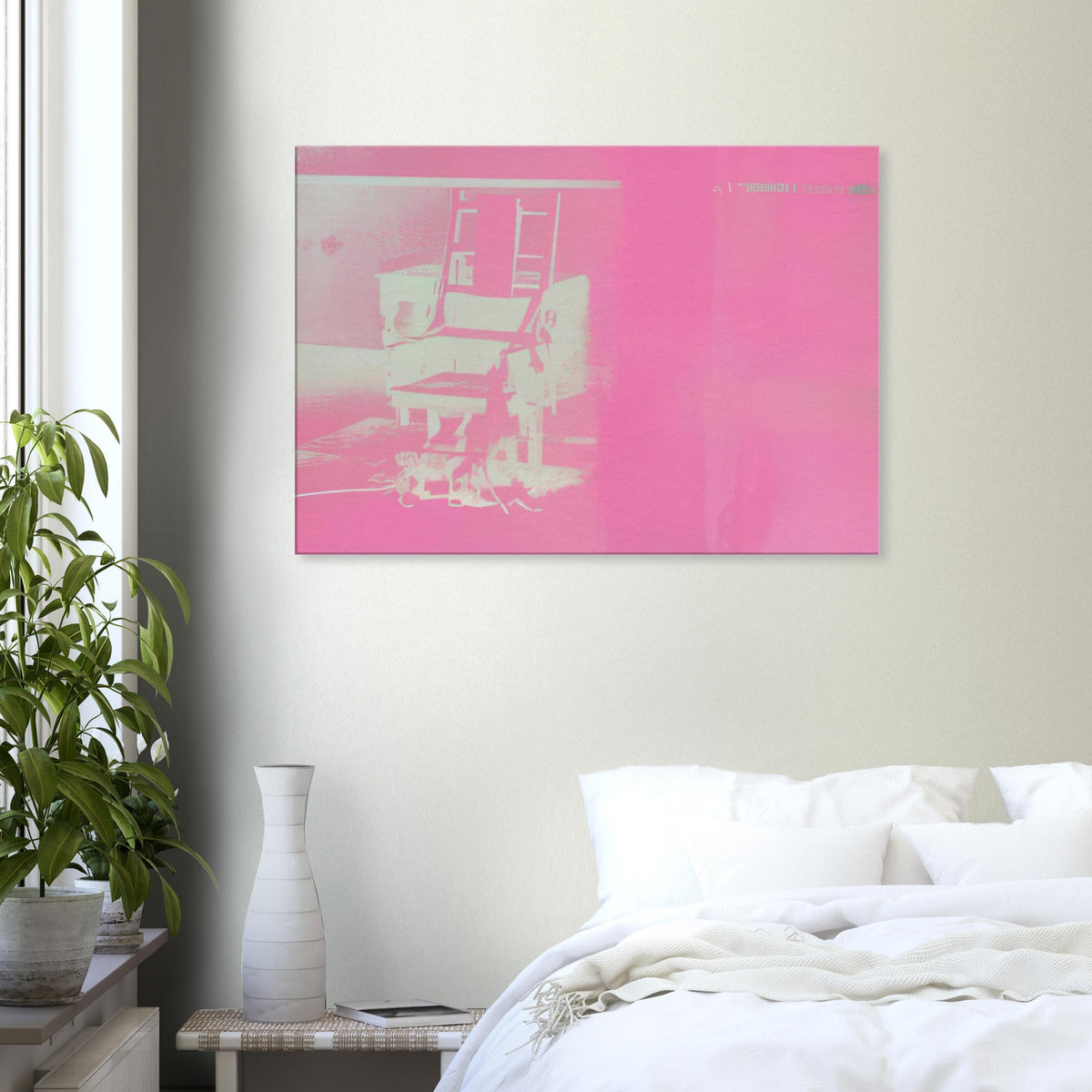 Andy Warhol canvas print depicting the stark chair, its surroundings and the tense emptiness of the room, a detail that connects the composition to its broader artistic subject
