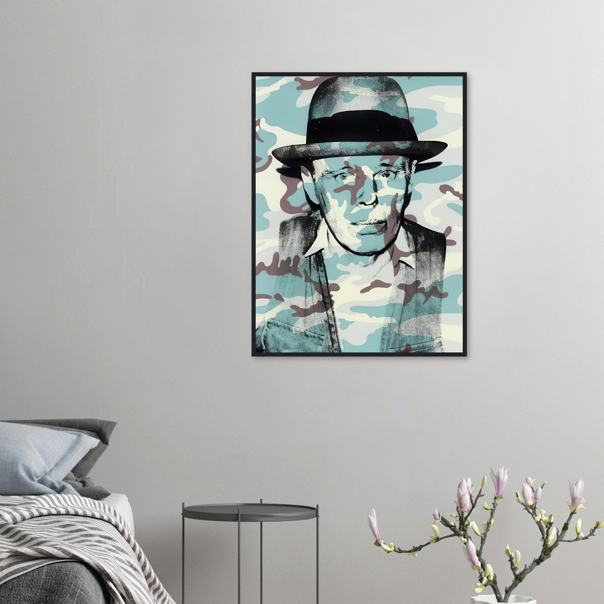 Andy Warhol framed print depicting beuys faces the viewer wearing his characteristic brimmed felt hat; Warhol portrayed fellow artist Joseph Beuys after photographing him in 1979
