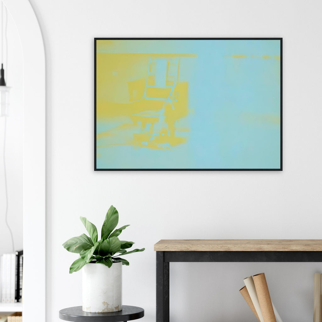 Andy Warhol framed print depicting the stark chair, its surroundings and the tense emptiness of the room, a detail that connects the composition to its broader artistic subject