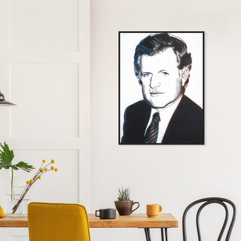 Andy Warhol framed print depicting the sitter’s recognizable face directs attention toward public image, personality and the graphic simplification of photographic portraiture