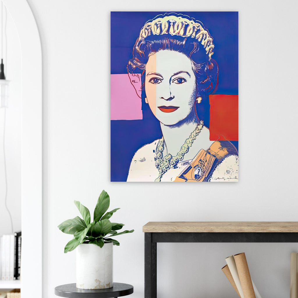 Andy Warhol poster depicting the recognizable royal portrait becomes a strong graphic focal point