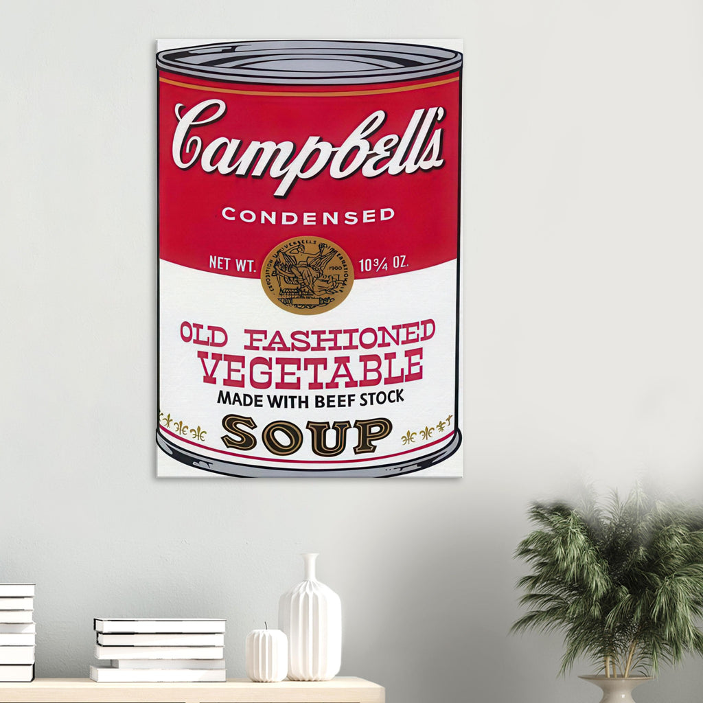 Andy Warhol canvas print depicting the instantly legible soup-can silhouette, packaging lettering and product name create a highly recognizable commercial composition