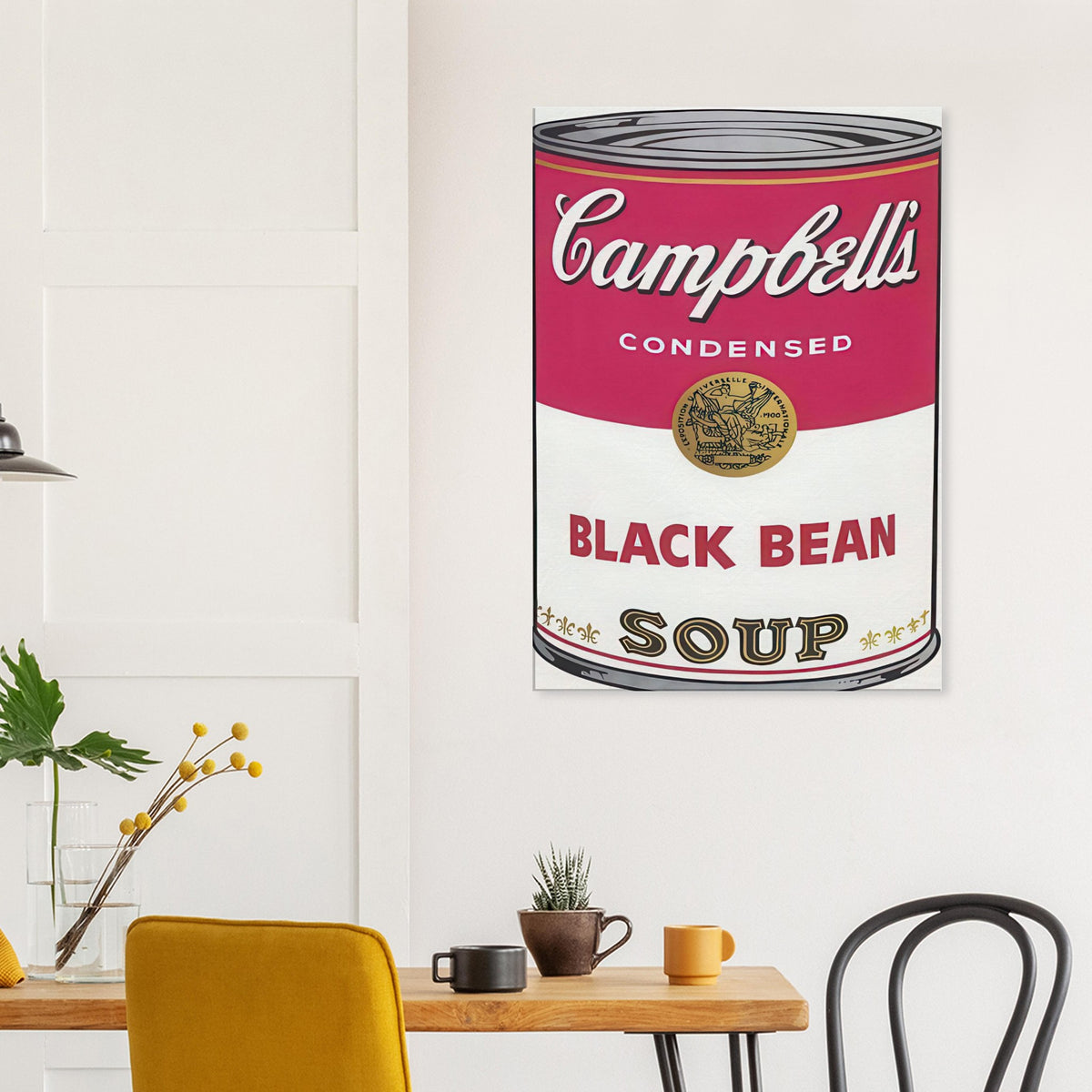 Andy Warhol canvas print depicting the instantly legible soup-can silhouette, packaging lettering and product name create a highly recognizable commercial composition