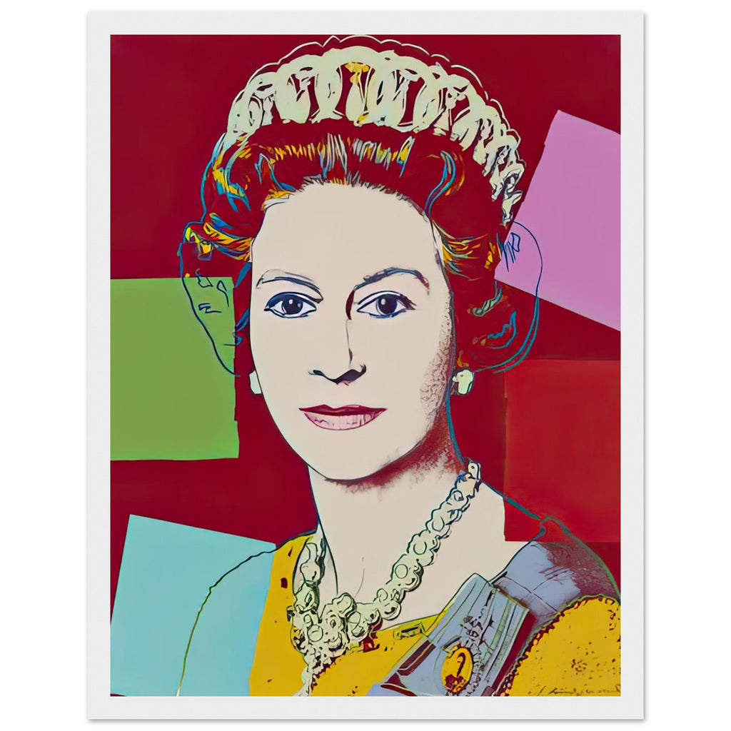 Andy Warhol framed print depicting this work depicts Queen Elizabeth II of the United Kingdom; The Reigning Queens portfolio presented four women who held ruling power in their own right: Elizabeth, white frame, 27x35 cm / 11x14″
