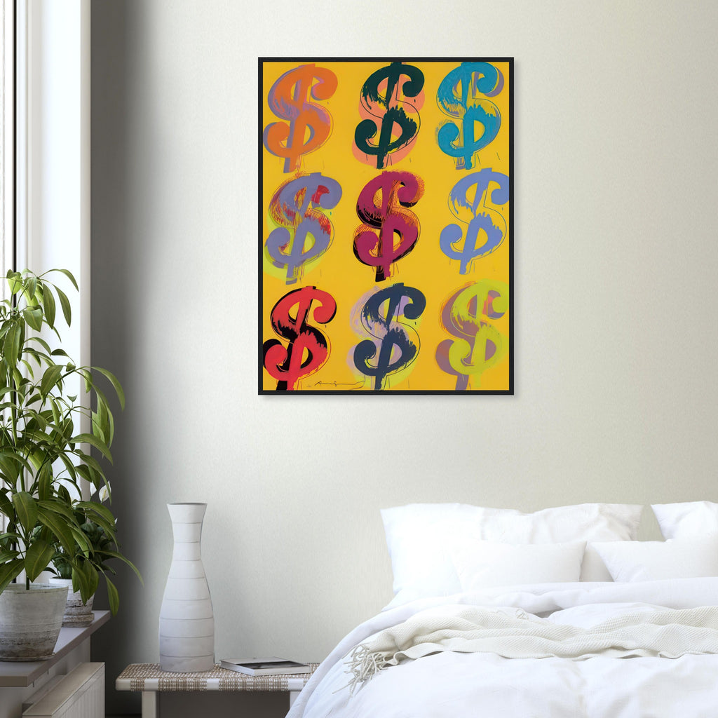 Andy Warhol framed print depicting the repeated or isolated currency mark operates like a logo: simple, recognizable and assertive