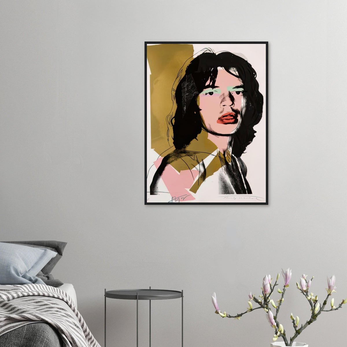 Andy Warhol framed print depicting photographic tones are interrupted by hand-drawn contours, selective colour blocks and cropped facial and bodily details; Warhol’s ten Mick Jagger portraits followed a long friendship with the Rolling Stones singer, including