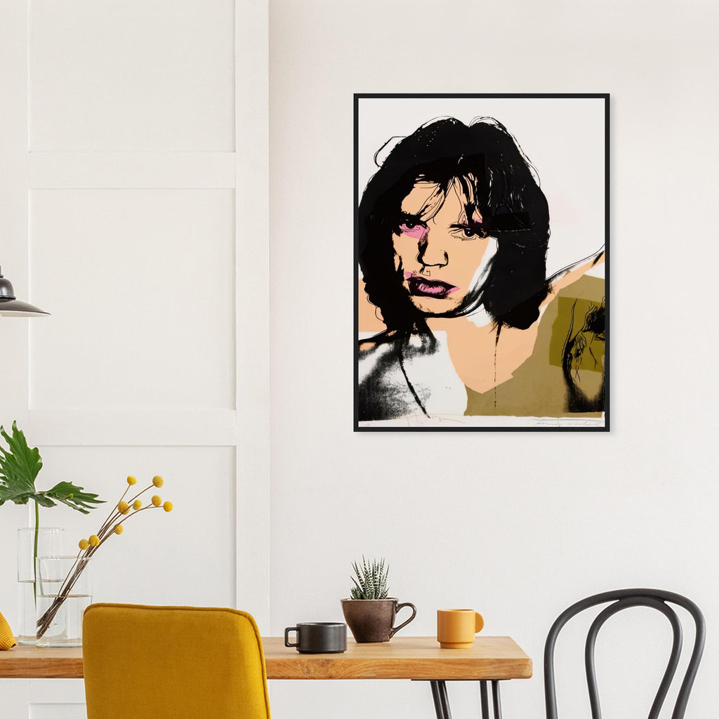 Andy Warhol framed print depicting warhol limits photographic detail and redraws facial features, giving Jagger’s lips a particularly vivid pink accent; Warhol’s ten Mick Jagger portraits followed a long friendship with the Rolling Stones singer, including
