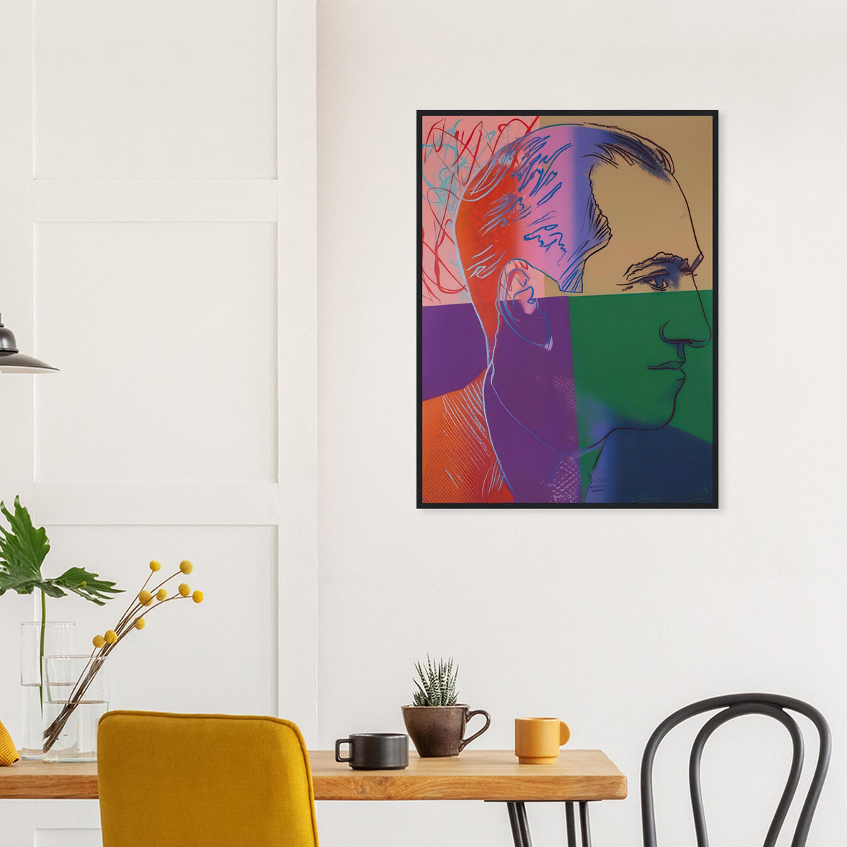 Andy Warhol framed print depicting the image centers on a distinctive likeness rather than narrative scenery; line and simplified contrast make the person the focus