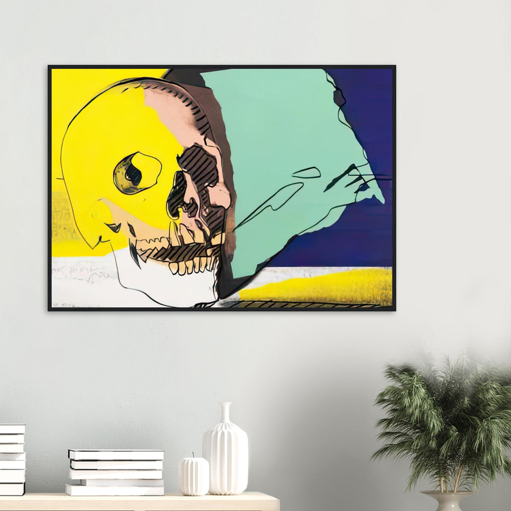 Andy Warhol framed print depicting the contours and shadow of a skull used as a direct, confronting focal point, a detail that connects the composition to its broader artistic subject