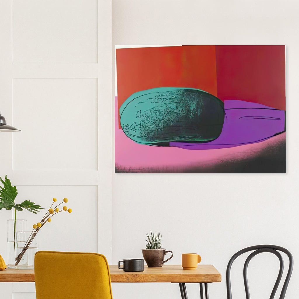 Andy Warhol poster depicting rounded fruit forms, expressive edges and the recognizable shapes of watermelon, a detail that connects the composition to its broader artistic subject
